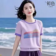 【初色】簡約撞色圓領線條針織短袖T恤上衣女上衣-紫色-19558(F可選) F 紫色