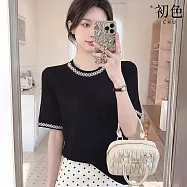 【初色】小香風薄款寬鬆重工釘珠圓領短袖冰絲針織衫上衣女上衣-黑色-19575(F可選) F 黑色