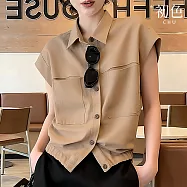【初色】法式翻領小飛袖短袖單排釦口袋鬆緊腰收腰襯衫上衣女上衣-咖色-50566(M-2XL可選) M 咖色