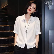 【初色】通勤風純色翻領拉鍊五分袖襯衫上衣女上衣-白色-50574(M-2XL可選) M 白色