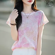 【初色】暈染印花碎花圖案輕薄透氣圓領短袖薄款寬鬆針織衫T恤上衣女上衣-共9色-19513(M-XL可選) M 粉色暈染