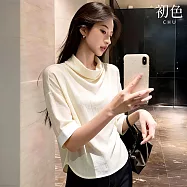 【初色】極簡純色堆堆領五分袖寬鬆顯瘦打底上衣女上衣-杏色-50568(M-2XL可選) M 杏色