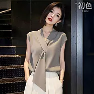 【初色】法式通勤風素色V領飄帶涼爽透氣無袖上衣女上衣-灰綠色-50572(M-2XL可選) M 灰綠色