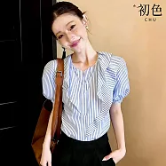 【初色】通勤風圓領泡泡袖短袖不對稱荷葉邊條紋上衣女上衣-條紋-50557(M-2XL可選) M 條紋