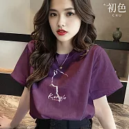 【初色】大碼美式簡約休閒寬鬆圓領貓咪印花落肩短袖T恤女上衣-共2色-19620(M-3XL可選) M 紫色