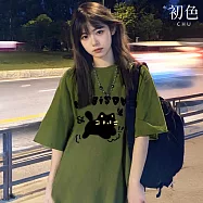 【初色】大碼美式休閒寬鬆圓領字母貓咪印花落肩短袖T恤上衣女上衣-共4色-19618(M-3XL可選) M 墨綠色