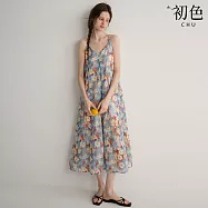 【初色】度假風滿版印花分割線V領無袖細吊帶大擺裙中長裙連衣裙連身洋裝-花色-50482(M-2XL可選) M 花色