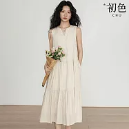 【初色】亞麻風簡約V領排扣式口袋拼接褶皺無袖背心連衣裙連身洋裝-米白色-50507(M-2XL可選) M 米白色