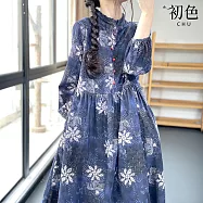 【初色】棉麻風木耳領口撞色珠釦印花高腰長袖中長裙連衣裙連身洋裝長裙-藍色-19578(M-2XL可選) M 藍色