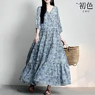 【初色】度假風V領口袋拼接碎花七分袖收腰綁帶A字傘裙連衣裙連身洋裝-藍色-50477(M-2XL可選) M 藍色
