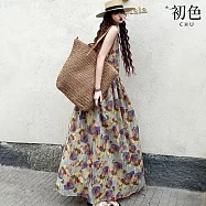 【初色】棉麻復古風圓領花卉印花口袋無袖中長裙連衣裙連身洋裝長裙-花色-50478(M-2XL可選) M 花色