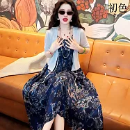 【初色】民族風滿版印花吊帶背心中長裙連衣裙連身洋裝長裙-藏藍色-50523(M-2XL可選) M 藏藍色