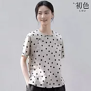 【初色】文藝風薄款滿版圓點斜門襟盤扣印花圓領短袖亞麻襯衫上衣女上衣-麻色-50489(M-2XL可選) M 麻色