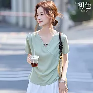 【初色】休閒風V領珠子素色坑條紋短袖側壓褶針織衫上衣女上衣-綠色-50674(M-2XL可選) M 綠色