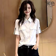 【初色】通勤風素色翻領拉鍊短袖口袋單排釦襯衫上衣女上衣-白色-50617(M-2XL可選) M 白色