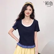【初色】假兩件撞色拼接格紋鈕扣圓領短袖T恤上衣女上衣-深藍色-50698(M-2XL可選) M 深藍色