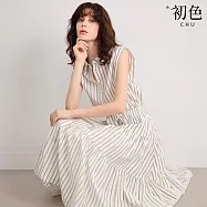 【初色】通勤風翻領撞色條紋收腰拼接單排釦無袖背心A字裙中長裙連衣裙連身洋裝-共2色-50649(M-2XL可選) M 白色
