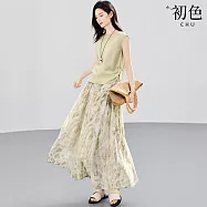 【初色】度假風純色一字領無袖上衣女上衣+印花中長裙半身裙套裝-綠色-50634(M-2XL可選) M 綠色