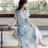 【初色】度假風胸口袋單排釦翻領短袖襯衫上衣女上衣+水墨印花中長裙半身裙套裝-藍色-50679(M-2XL可選) M 藍色