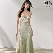 【初色】度假風修身立體花卉裝飾平口領無袖細肩帶包臀魚尾裙中長裙連衣裙連身洋裝-綠色-50633(M-XL可選) M 綠色