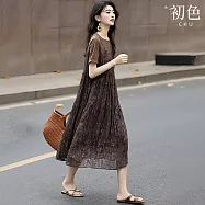 【初色】韓系假兩件圓領短袖拼接肌理感花紋中長裙連衣裙連身洋裝長裙-咖啡色-50665(M-2XL可選) M 咖啡色