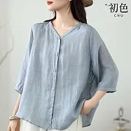 【初色】通勤風純色V領輕薄透氣排扣設計中長袖襯衫上衣女上衣-共5色-50809(M-3XL可選) M 藍色