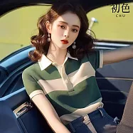 【初色】復古簡約休閒薄款翻領拼接撞色條紋短袖針織polo衫女上衣-綠色-19573(F可選) F 綠色