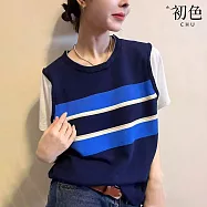 【初色】休閒風圓領假兩件拼接短袖條紋T恤針織衫上衣女上衣-共2色-19574(F可選) F 藏青色