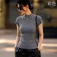 【初色】輕奢風休閒灰色珍珠裝飾半高領短袖針織內搭上衣女上衣-灰色-19570(F可選) F 灰色