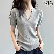 【初色】日系純色V領肌理紋路針織短袖T恤上衣女上衣-灰色-19571(F可選) F 灰色