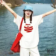 【初色】簡約設計感蘋果印花圓領短袖寬鬆T恤上衣女上衣-共7色-19615(M-3XL可選) M 白色