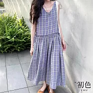 【初色】法式V領無袖格紋線條寬鬆綁帶背心中長裙連衣裙連身洋裝-紫色-50602(M-2XL可選) M 紫色