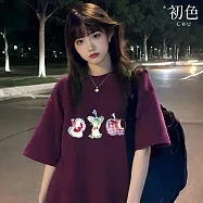 【初色】休閒百搭圓領五分短袖復古水果寬鬆T恤上衣女上衣-共4色-19630(M-3XL可選) M 紫色