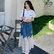 【初色】港風純色胸口袋圓領短袖T恤上衣+高腰拼接蕾絲牛仔中長裙半身裙套裝-白衣牛仔裙-50253(M-XL可選) M 白衣牛仔裙