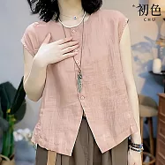 【初色】純色圓領短袖小飛袖單排釦開衩下擺肌理感寬鬆棉麻風襯衫上衣女上衣-共4色-50764(M-4XL可選) M 粉色