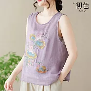 【初色】新中式復古寬鬆透氣圖案刺繡圓領無袖寬肩帶棉麻風背心女背心-共7色-50782(M-4XL可選) M 紫色