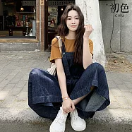【初色】慵懶風薄款純色圓領短袖T恤上衣女上衣+鬆緊繩牛仔吊帶九分褲休閒褲寬褲長褲套裝-共2色-50239(M-XL可選) M 橘衣藍褲