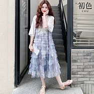 【初色】假兩件圓領拼接薄透漸變網紗落肩短袖女上衣連衣裙連身洋裝-藍色-50412(M-XL可選) M 藍色