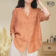 【初色】復古純色V領單排釦五分袖薄款棉麻風遮肉顯瘦襯衫上衣-共7色-50716(M-3XL可選) M 橘色
