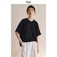 ltyp 旅途原品 燒花人絲小衫文藝優雅鏤空圓領寬鬆黑色上衣女夏 M L M 經典黑
