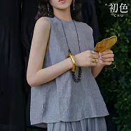 【初色】韓系文藝圓領無袖立體條紋壓紋微傘襬背心上衣女上衣-藍灰色-50376(M-2XL可選) M 藍灰色