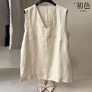 【初色】純色復古休閒簡約寬鬆V領開叉無袖背心女背心-麻色-50310(M-2XL可選) M 麻色