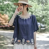 【初色】中式民族風花邊圓領五分袖繡花刺繡寬鬆T恤上衣-共7色-50752(M-3XL可選) M 藏青色