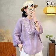 【初色】復古棉麻風刺繡薄款透氣單排釦顯瘦遮肉圓領七分袖襯衫上衣女上衣-共4色-50762(M-3XL可選) M 紫色
