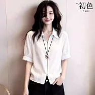【初色】通勤風純色雙開拉鍊翻領短袖襯衫上衣女上衣-白色-50622(M-2XL可選) M 白色