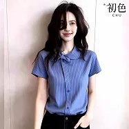 【初色】通勤風條紋娃娃領寬鬆顯瘦排扣設計蝴蝶結短袖襯衫上衣女上衣-藍色-50624(M-2XL可選) M 藍色