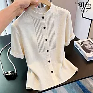 【初色】通勤風立領短袖單排釦壓褶設計感襯衫上衣女上衣-米白色-50615(M-2XL可選) M 米白色