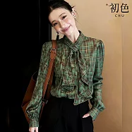 【初色】復古風垂墜感撞色格紋飄帶領長袖燈籠袖襯衫上衣女上衣-綠色-50629(M-2XL可選) M 綠色