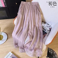 【初色】中式通勤風純色刺繡繡花口袋鬆緊棉麻風寬鬆闊腿褲休閒褲寬褲長褲-共2色-50735(M-4XL可選) M 粉紫色