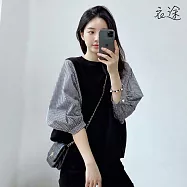 【衣途】日系假兩件拼接風寬鬆修身上衣(KDTY-3604) M 黑拼格子